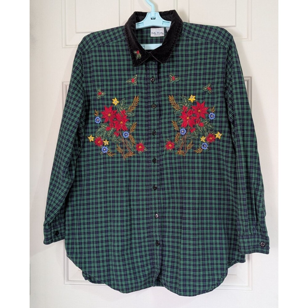 Bobbie Brooks Button Shirt Womens 14-16 Green Plaid Christmas Floral Embroidered